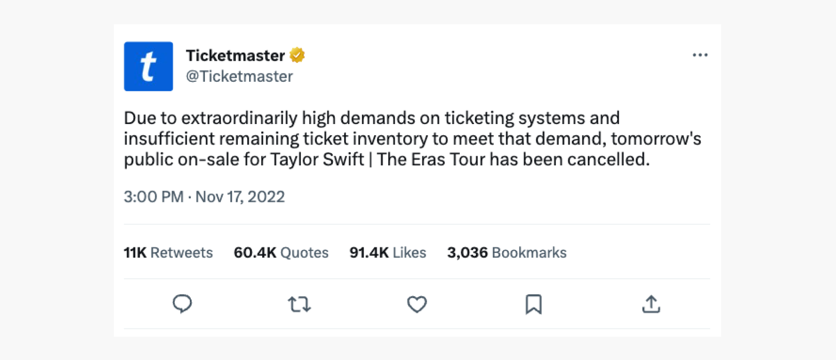 Tweet from Ticketmaster about cancelling a sales event since their site crashed due to high volumes of user traffic